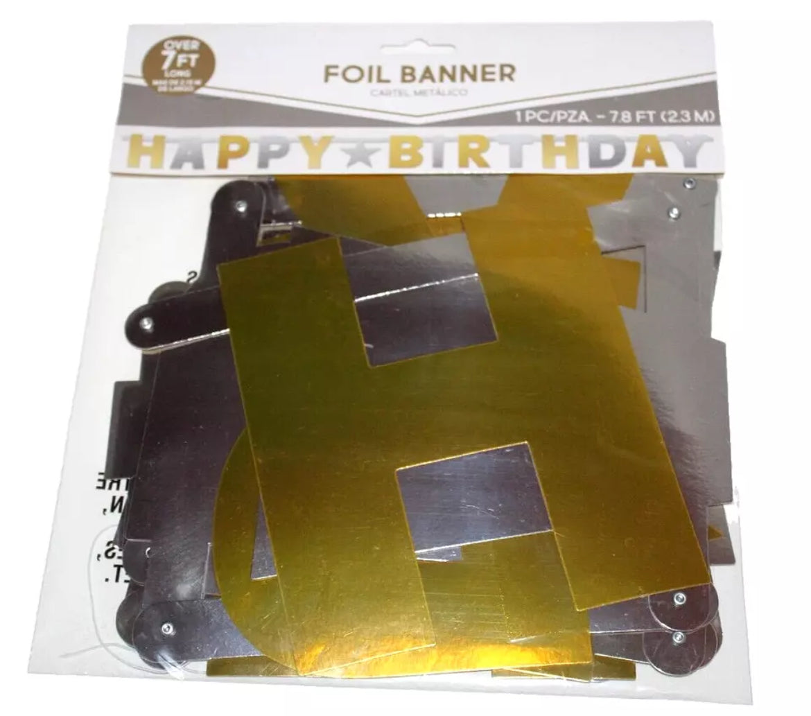 Foil Happy Birthday Banner Gold & Gray Jointed