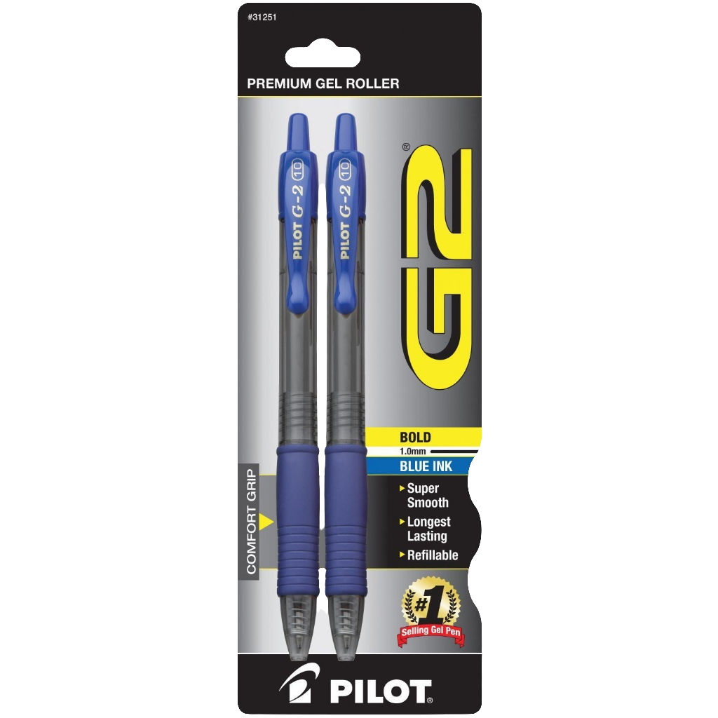 Pilot G2 Retractable Gel Ink Bold Point Pen, Blue Ink (2 Pack)
