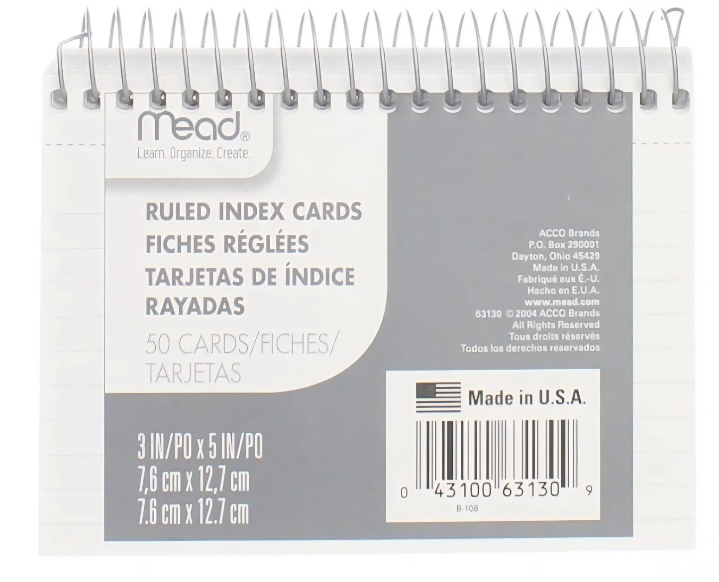 Index Cards, Wirebound, Ruled, 5"x3", 50 Count, White