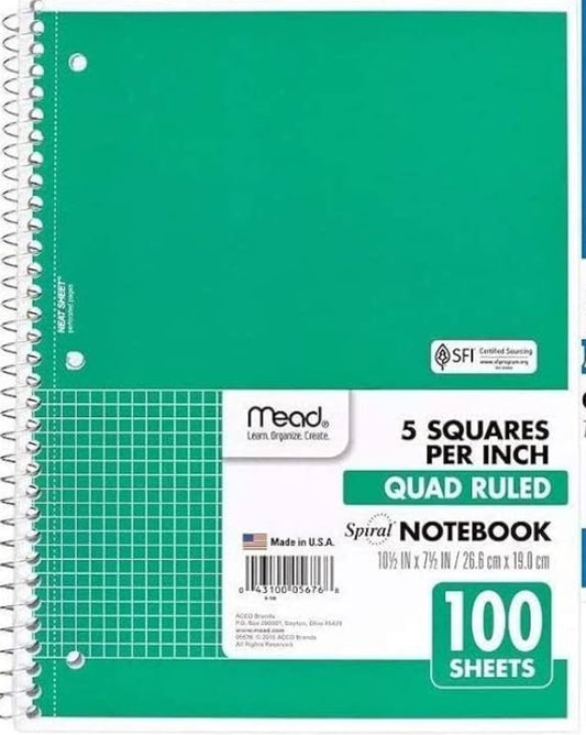 Mead Spiral Notebooks, 1 Subject, Quad Ruled