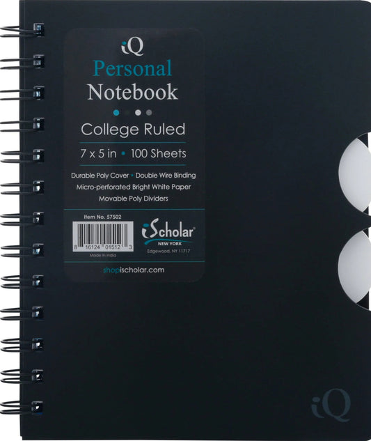 iScholar iQ Personal Notebook - Poly Cover, Double Wire, College Rule (7x5 In) 100 Sheets