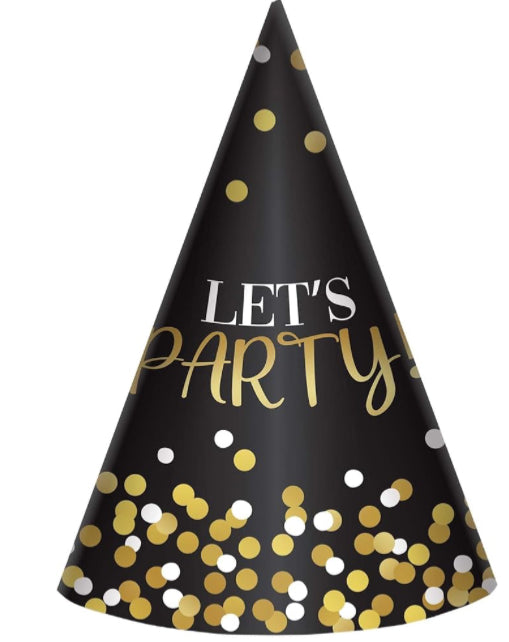 Amscan Black & Gold Birthday Cone Hat - 6.25" (Pack of 8)