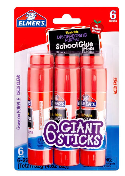 Elmers Washable Disappearing Purple School Glue Sticks 6 Pack 22g Each