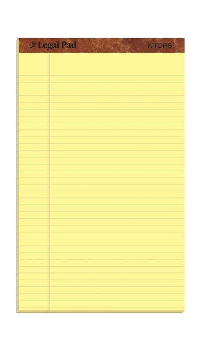 TOPS The Legal Pad Writing Pad (8.5" x 14") Canary Paper, Legal Rule, 50 Sheets,