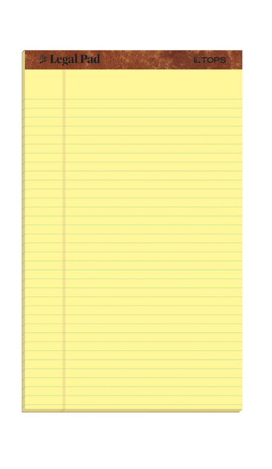 TOPS The Legal Pad Writing Pad (8.5" x 14") Canary Paper, Legal Rule, 50 Sheets,