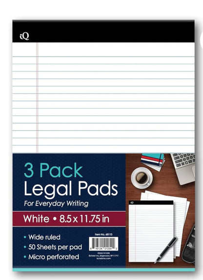 iScholar iQ Legal Pads, White, Wide Ruled, 8.5" x 11.75", 50 Sheets Per Pad, Pack of 3 Pads