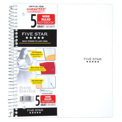 Five Star 5 Subject - Wide Ruled Notebook (10.5 x 8 In) - 200 Sheets