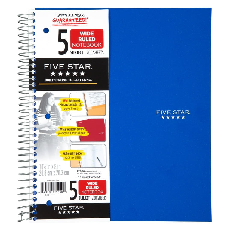 Five Star 5 Subject - Wide Ruled Notebook (10.5 x 8 In) - 200 Sheets