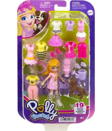 Polly Pocket Fashion Pack With 3 Inch Doll & 18 Accessories, Puppy & Flower-Themed Travel Toy