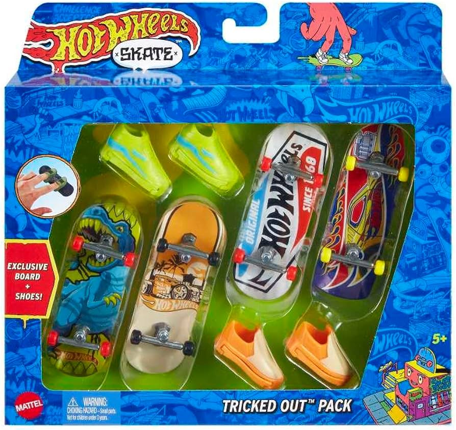 Hot Wheels Skate Tricked Out Pack, 4 Themed Fingerboards & 2 Pairs of Skate Shoes