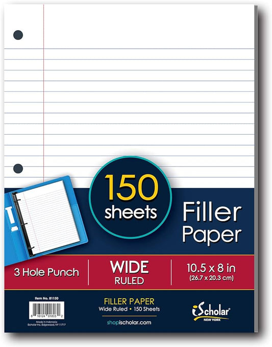 iScholar Wide Ruled Filler Paper, White, 10.5 x 8-Inches, 150 Sheets Per Pack