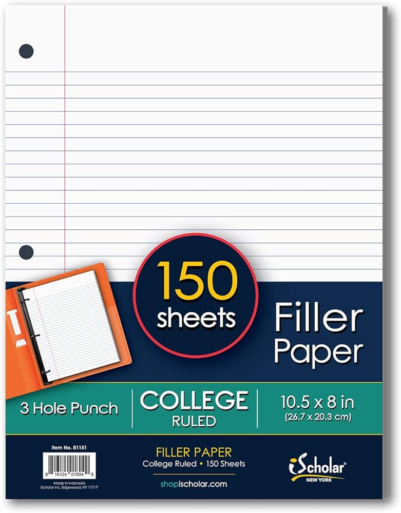 iScholar College Ruled Filler Paper, White, 10 x 8.5 Inches, 150 Sheets Per Pack