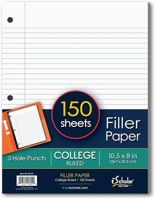 iScholar College Ruled Filler Paper, White, 10 x 8.5 Inches, 150 Sheets Per Pack