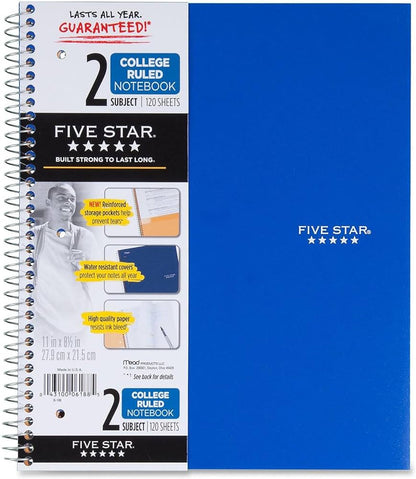 Five Star 2 Subject - College Ruled Notebook (11 In x 8.5 In) - 120 Sheets