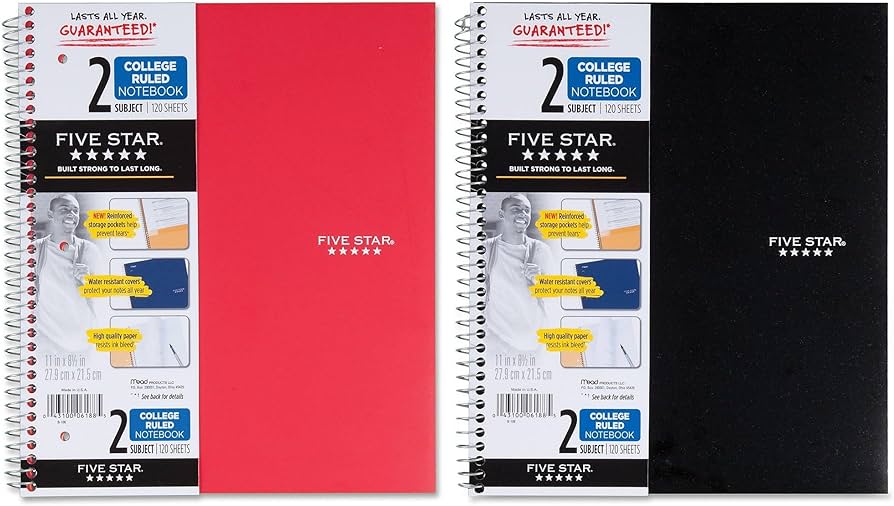 Five Star 2 Subject - College Ruled Notebook (11 In x 8.5 In) - 120 Sheets