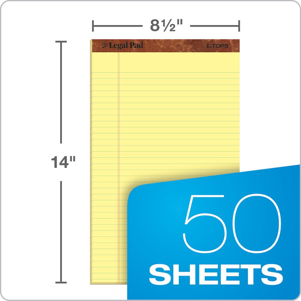 TOPS The Legal Pad Writing Pad (8.5" x 14") Canary Paper, Legal Rule, 50 Sheets,