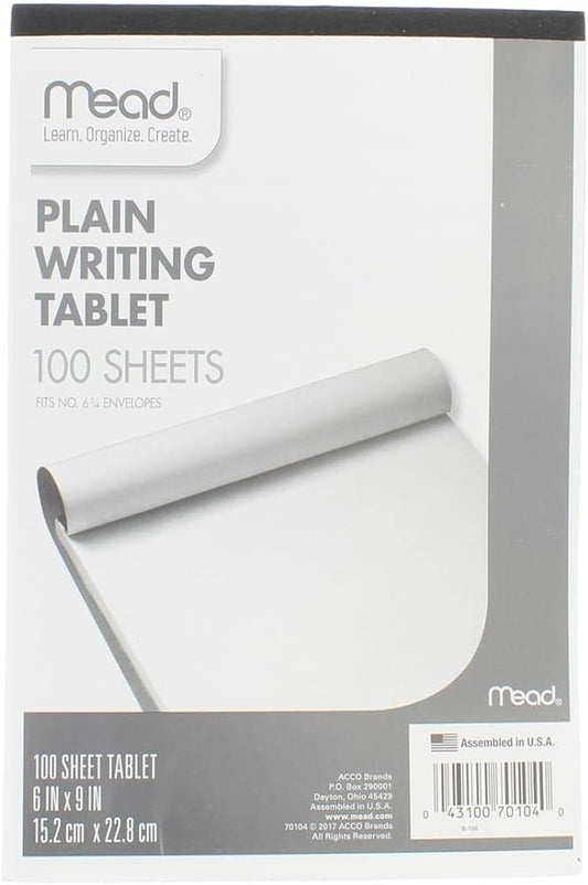 Mead Writing Tablet, (6" x 9") Paper Pad, Plain Note Pad, 100 Sheets