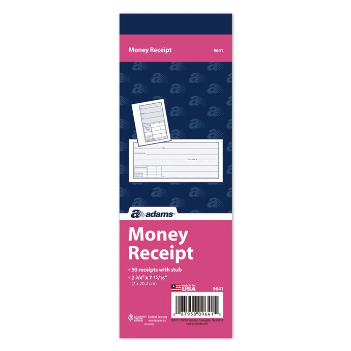 Adams Money Receipt Book, (2 3/4" x 7 15/16") 1 Part, White, 50 Receipts Per Book