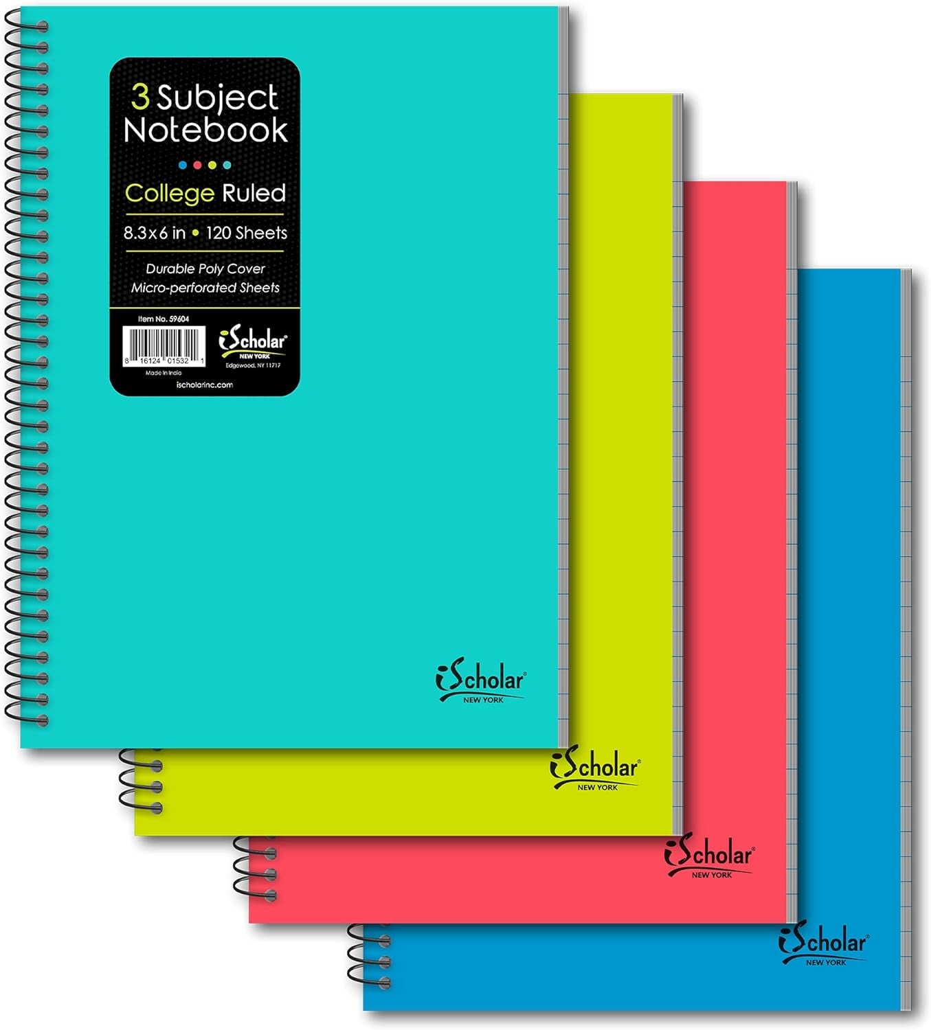 iScholar Poly Cover Wirebound 3-Subject Notebook, College Ruled, (8.3"x6") 120 Sheets