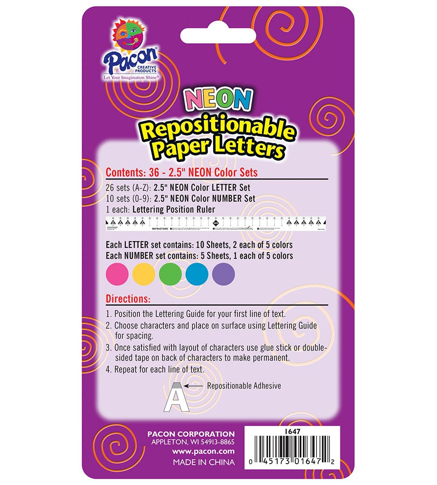 Pacon Self-Adhesive Letter Set with Guide - Neon Colors