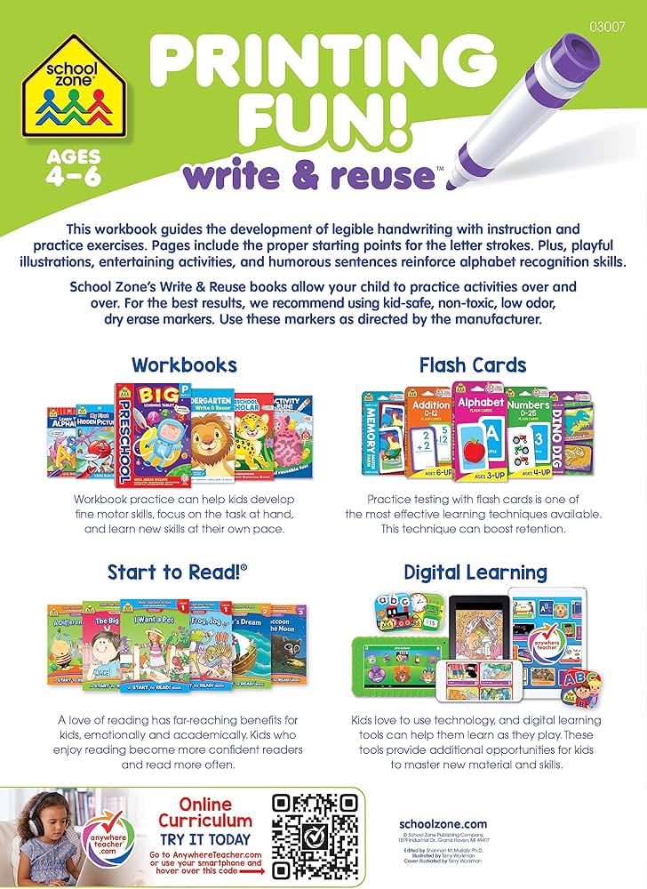 School Zone - Printing Fun! Write & Reuse Workbook, Ages 4 To 6