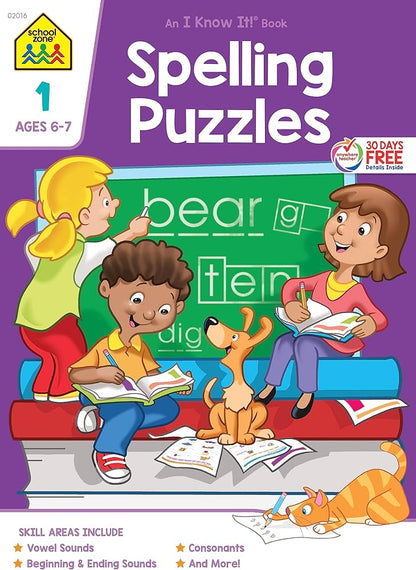 School Zone - Spelling Puzzles Workbook - 32 Pages, Ages 6+