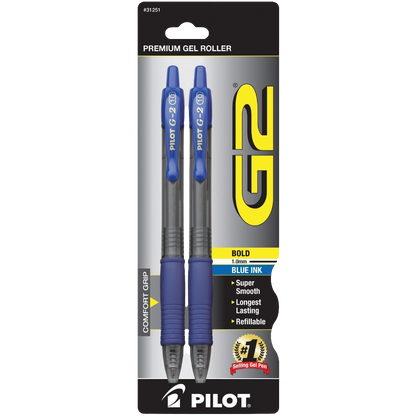 Pilot G2 Retractable Gel Ink Bold Point Pen, Blue Ink (2 Pack)