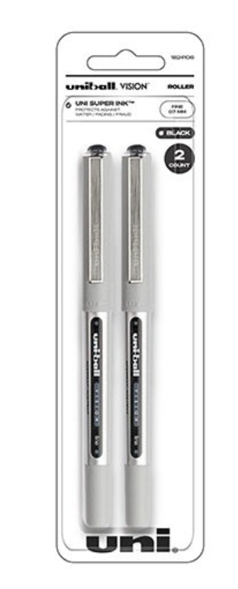 Uniball™ Vision Rollerball Pens, Fine Point (0.7mm), Black, 2 Pack