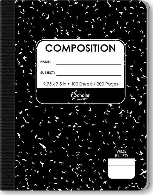 Black and White Marble Wide Ruled Composition Notebook 100 sheets
