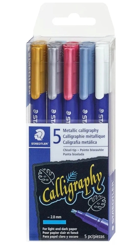 Staedtler Metallic Calligraphy Markers, 5 Metallic Colours for Light and Dark Paper