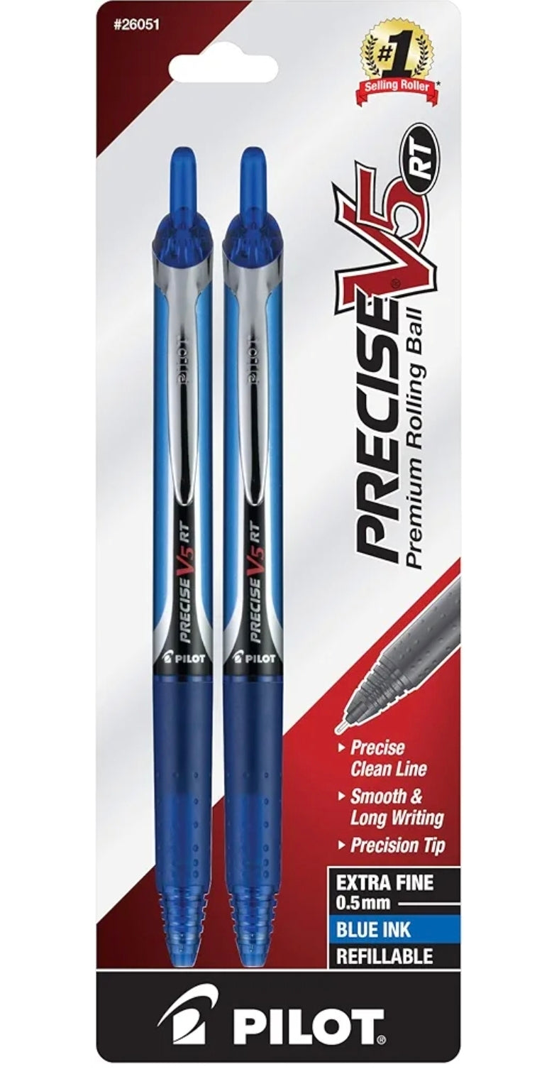 PILOT Precise V5 RT Refillable & Retractable Liquid Ink Rolling Ball Pens, Extra Fine Point (0.5mm) Blue Ink, 2-Pack (26051)