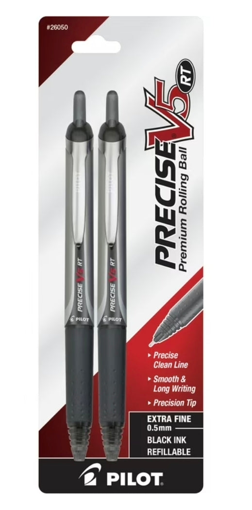 Pilot Precise V5 Retractable Rolling Ball Pens, Extra Fine Point 0.5 mm, Black Ink, 2 Pack