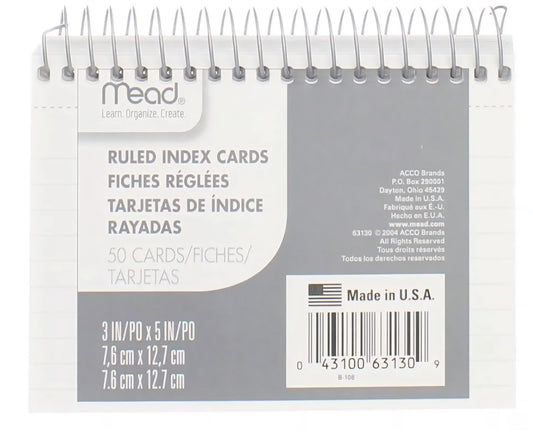 Index Cards, Wirebound, Ruled, 5"x3", 50 Count, White