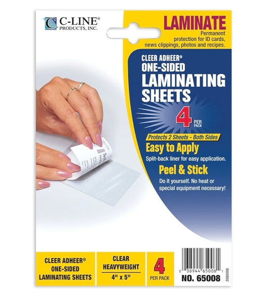 C-Line Heavyweight Cleer Adheer Laminating Film, Clear, 4" x 5", 4 per Pack (65008)