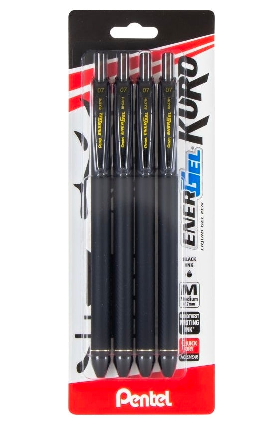 Pentel EnerGel Kuro Liquid Gel Pen, (0.7mm) Medium line, Black Ink, 4-pk