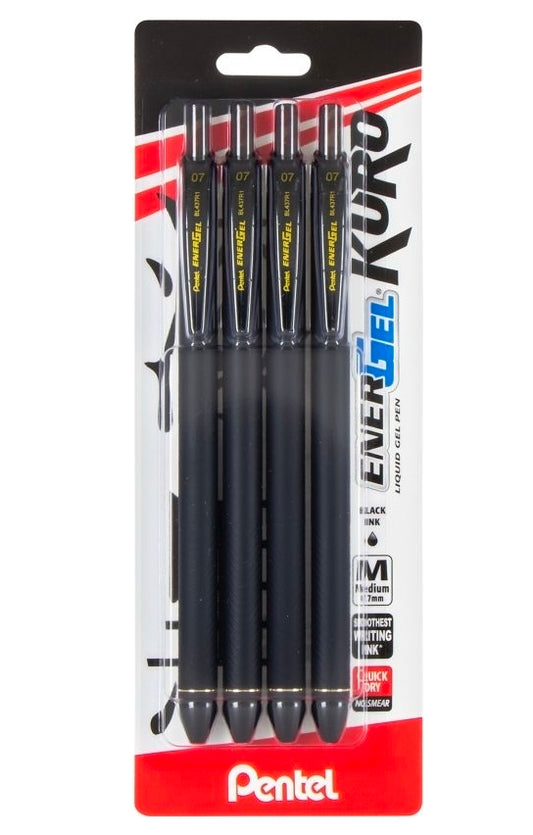 Pentel EnerGel Kuro Liquid Gel Pen, (0.7mm) Medium line, Black Ink, 4-pk