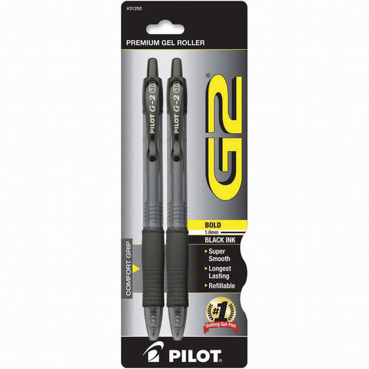 Pilot G2 Retractable Gel Ink Bold Point Pen, Black Ink (2 Pack)