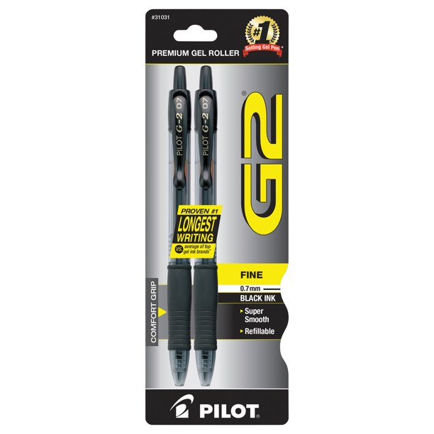 Pilot G2 Retractable Gel Ink Fine Point Pen, Black Ink (2 Pack)