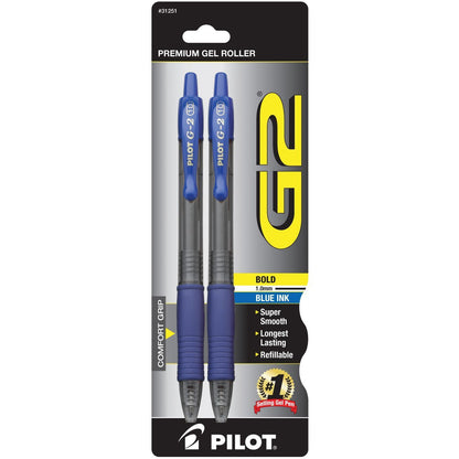 Pilot G2 Retractable Gel Ink Bold Point Pen, Blue Ink (2 Pack)