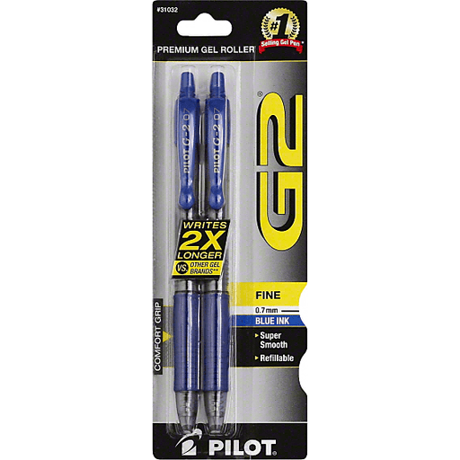 Pilot G2 Retractable Gel Ink Fine Point Pen, Blue Ink (2 Pack)