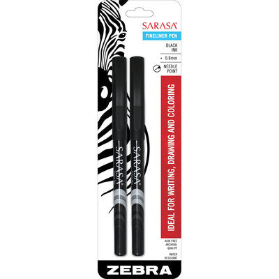 Zebra Sarasa Fineliner Pen, Black Ink (2 Pack)