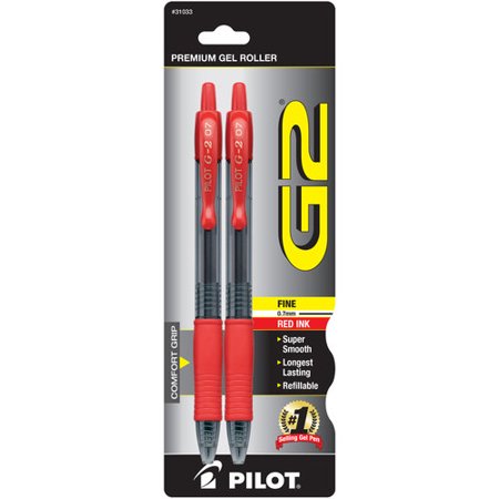 Pilot G2 Retractable Gel Ink Fine Point Pen, Red Ink (2 Pack)